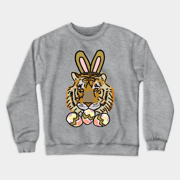 Happy Easter Bunny Ears on Tiger Eating Easter Eggs Crewneck Sweatshirt by ellenhenryart